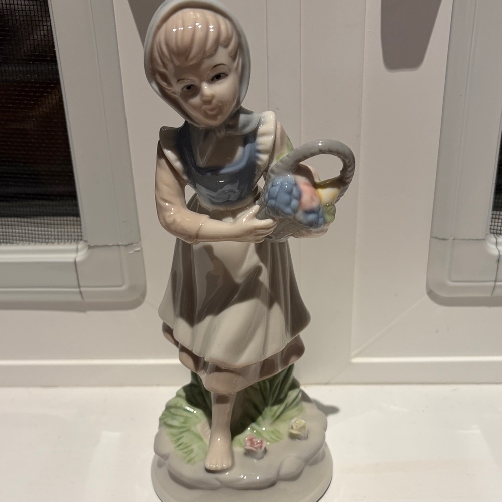Porcelain Girl Figurine with Basket of Flowers - Pastel Colors